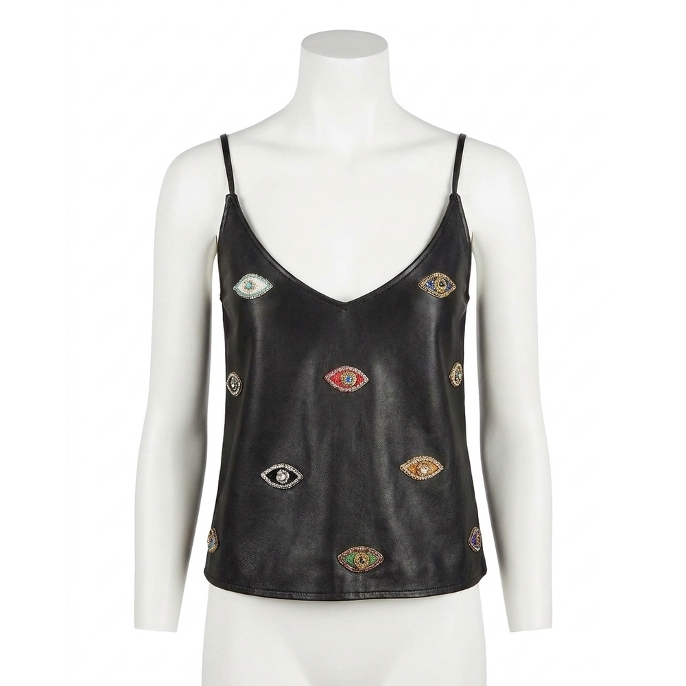 NEW NICOLE MILLER evil eye embellishment v neck tank top in black embellished ev
